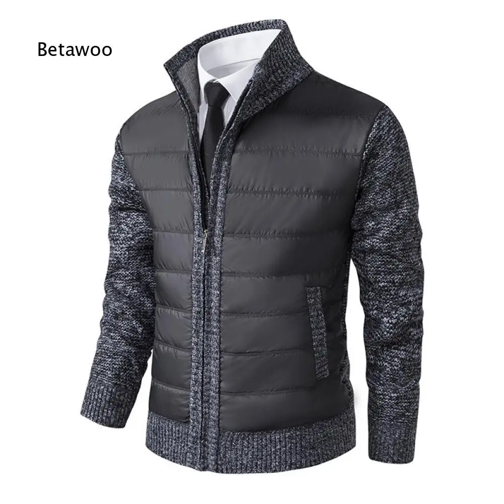 Mens Autumn Winter Light Padded Jacket Stand Collar Knit Sleeve Spliced Design Zipper Front Outerwear For Everyday Dressing