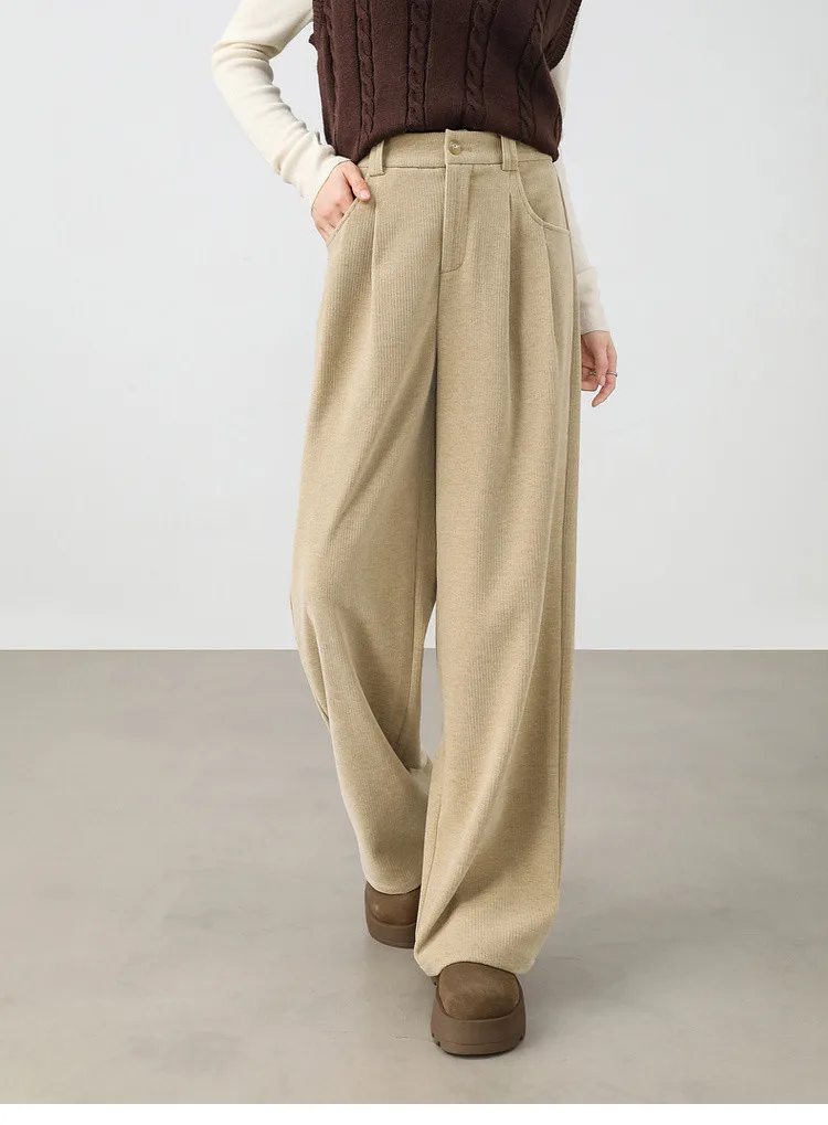 SENTUBILA Autumn Winter Wide-leg Pants for Women 2024 Vintage Thick Warm Folds Casual Simple Straight Trousers 144K58730