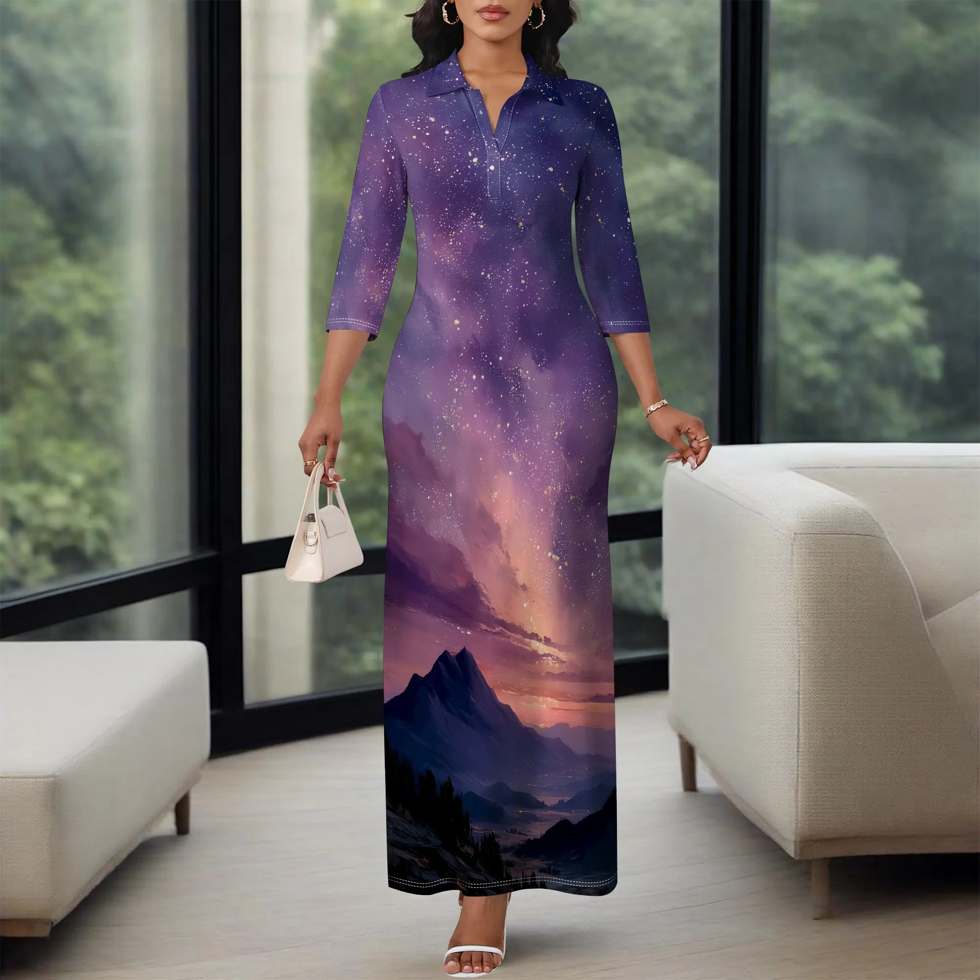 

Celestial Women's Maxi Dress 2025 New Arrival Purple Galaxy Starry Print V-Neck 3/4 Sleeve Evening Party Dress XS-3XL
