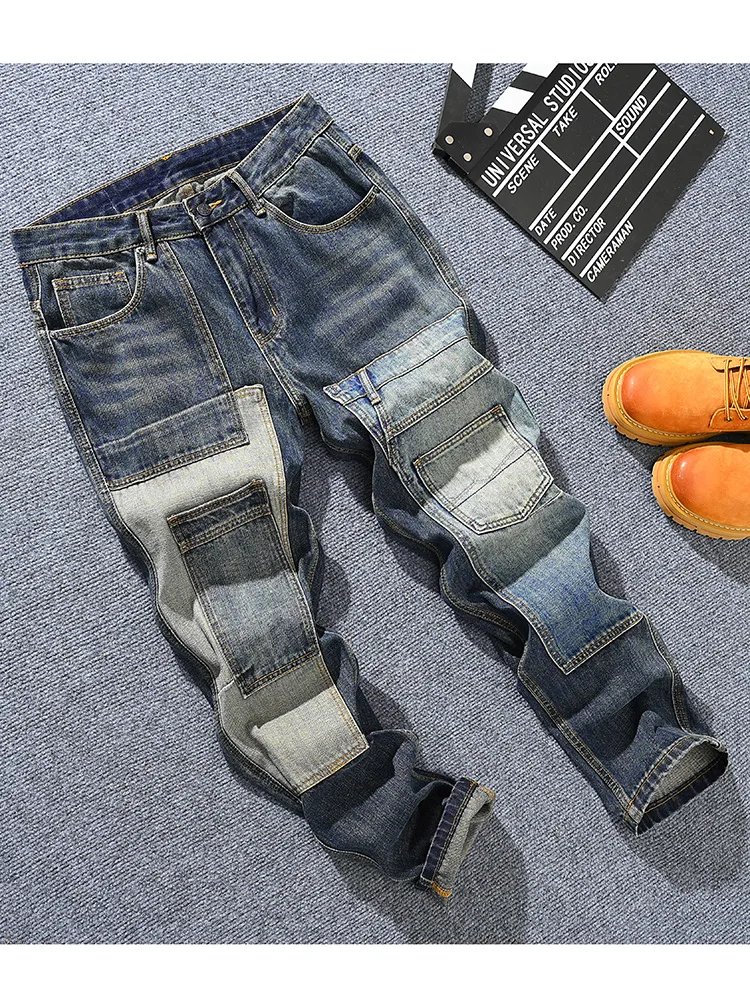 

Autumn fashion brand American retro loose straight leg jeans men's patchwork youth fashion multi pocket street washed pants