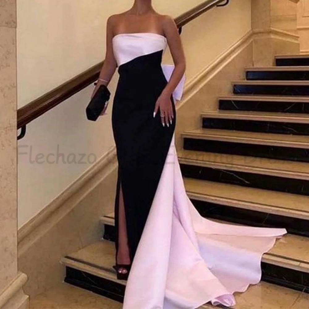 Flechazo Pink and Black Evening Dress Strapless Sheath Floor Length Side Slit with Large Bow Ladies Banquet Gowns Custom Made