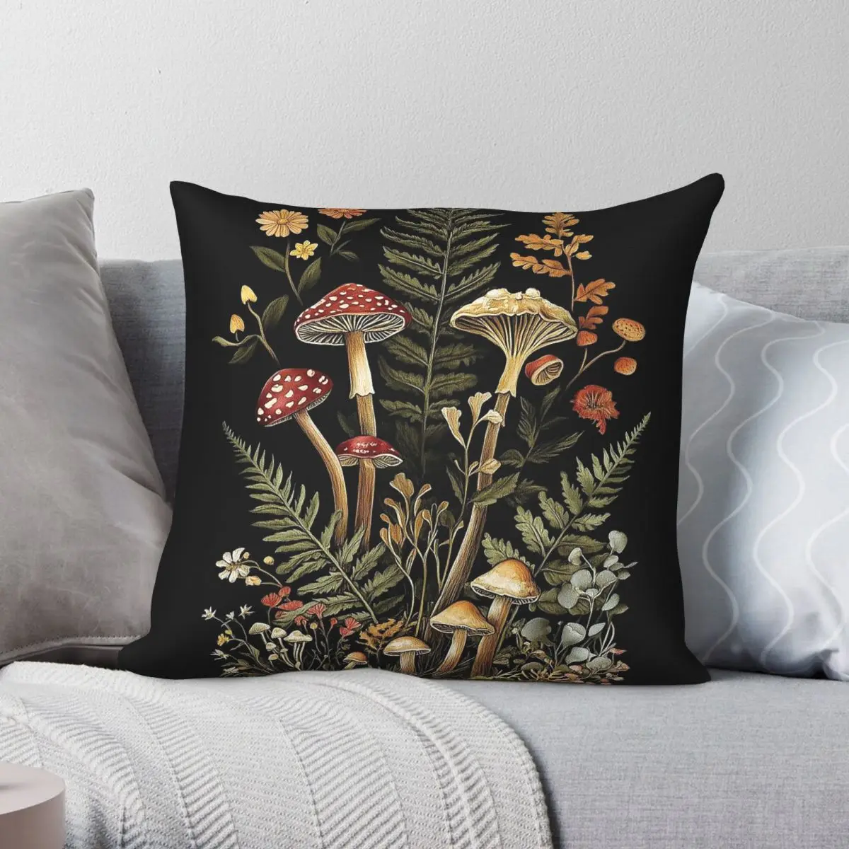 Woodland Mushrooms Plants Square Pillowcase Polyester Linen Velvet Printed Zip Decor Throw Pillow Case Room Cushion Case 45x45
