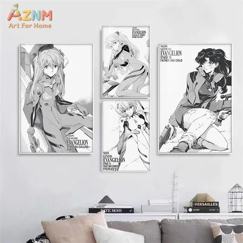 AZNM Neon Genesis Evangelion - Lienzo decorativo de anime, póster de manga en blanco y negro de Asuka Langley Soryu, Rei Ayanami, Misato Katsuragi