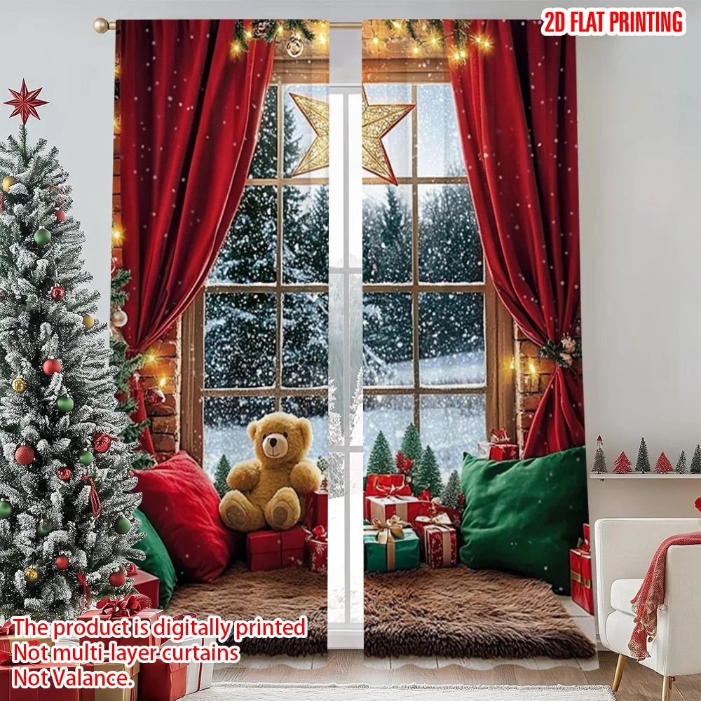 

2pcs 2D flat printing Merry Christmas Popular Curtain Merry Christmas to winter scenery in Hex Machine Washable Fabric Without