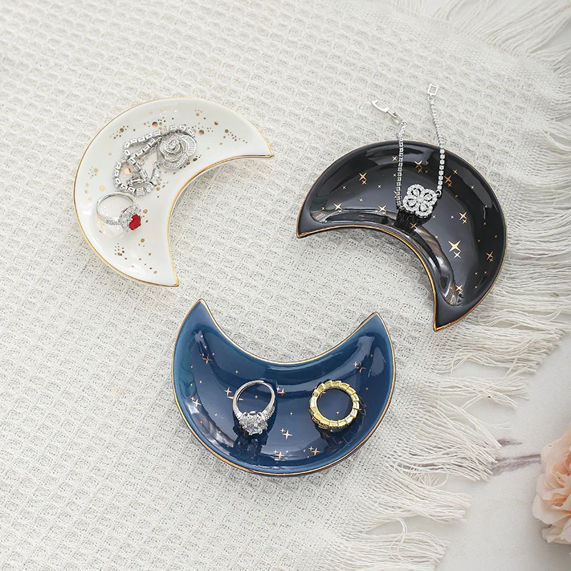 

1PC Nordic Style Ceramic Small Jewelry Tray Moon Shape Storage Key Necklace Trays Kitchen Organizers Home Party Decorative Dish