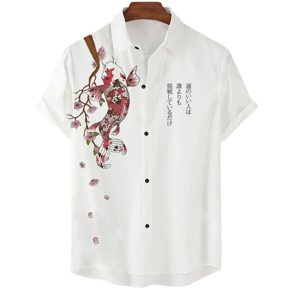 Camisa hawaiana para hombre, camisas con estampado 3D de peces Koi japoneses, Tops de playa callejera de moda de verano, ropa Unisex de gran tamaño