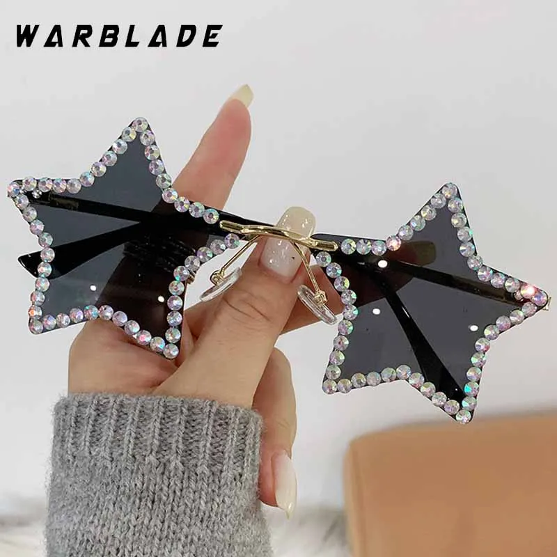 

Trendy Rhinestone Decorate Pentagram Rimless Women's Sunglasses Fashion Design Metal Men Sunglass Party Traveling Eyewear UV400