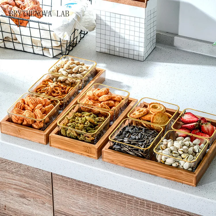 Glass Snack Platter Multi-cell Suit with Rectangular Wooden Home Pallet Square Dried Fruit Bowl Plate Tableware