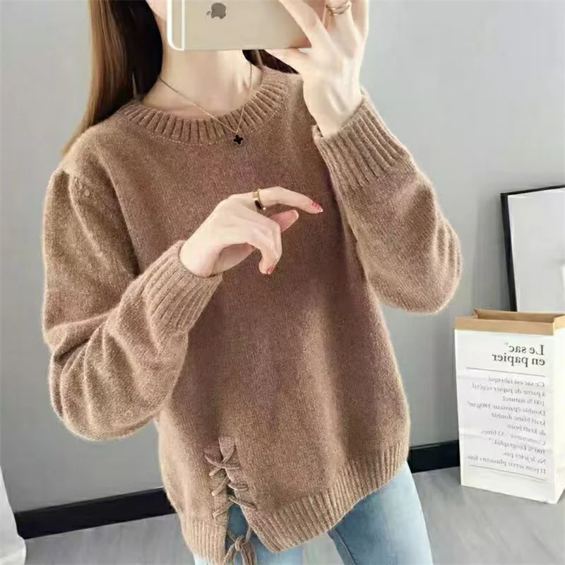 

New Chenille Sweater Female Autumn Winter Top Korean Version Can Not Afford Ball Loose Outside Wear Tied Knit Bottom Shirt Top