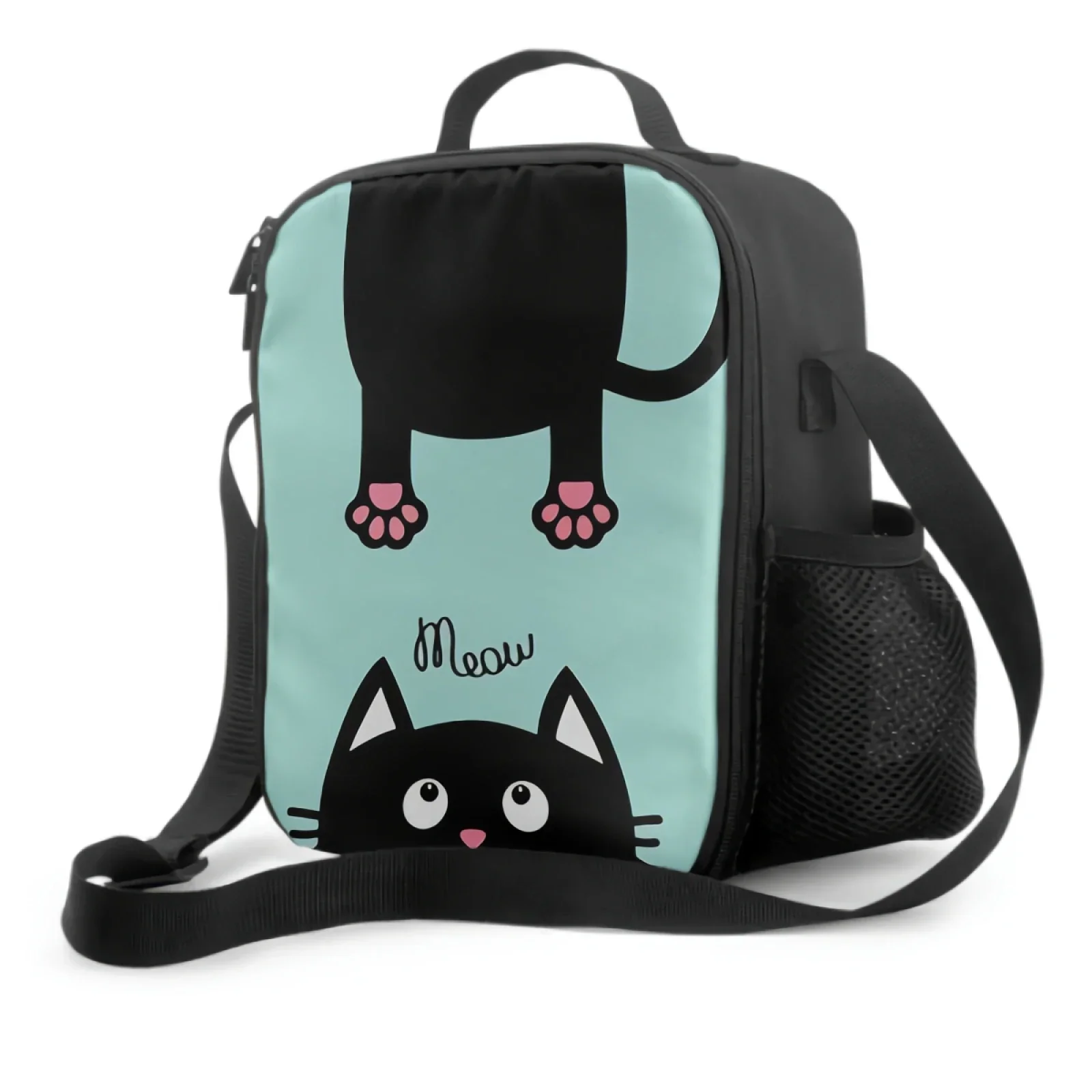 Black Cat Looking Up Insulated Lunch Bag for School Work Picnic Funny Face Head Silhouette Tote Lunch Box Containers Cooler Bag