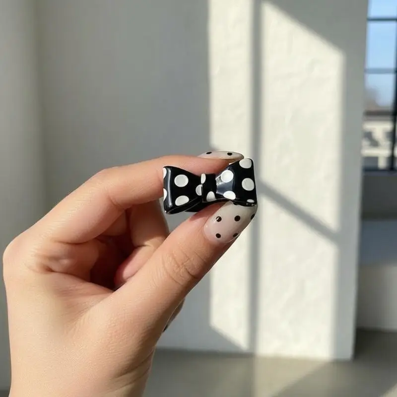 Exaggeration Black White Polka Dot Bow Ring Fashion Jewelry Cute Design Opening Rings Y2K Hand Accessories For Daily Wear