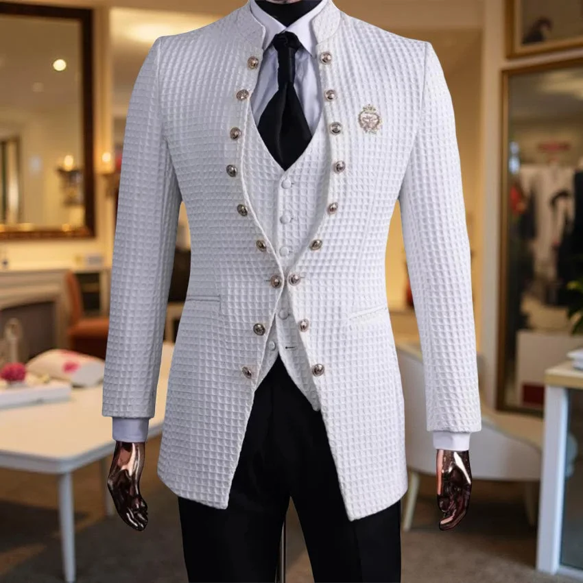 

Клетчатый свадебный смокинг, двубортный мужской костюм с воротником-стойкой, комплект из 3-х предметов, модный костюм на заказ, комплект, куртка, брюки, жилет
