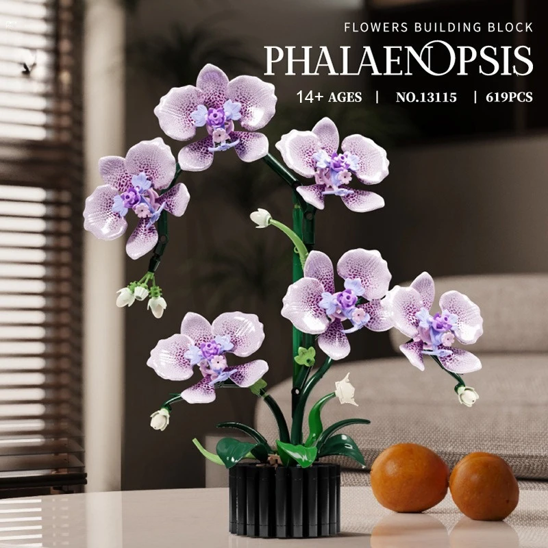 

619PCS Artificial Orchid Potted Building Blocks Phalaenopsis Home Decor Assembly Flowers Model Ornaments Toys Girl Gifts