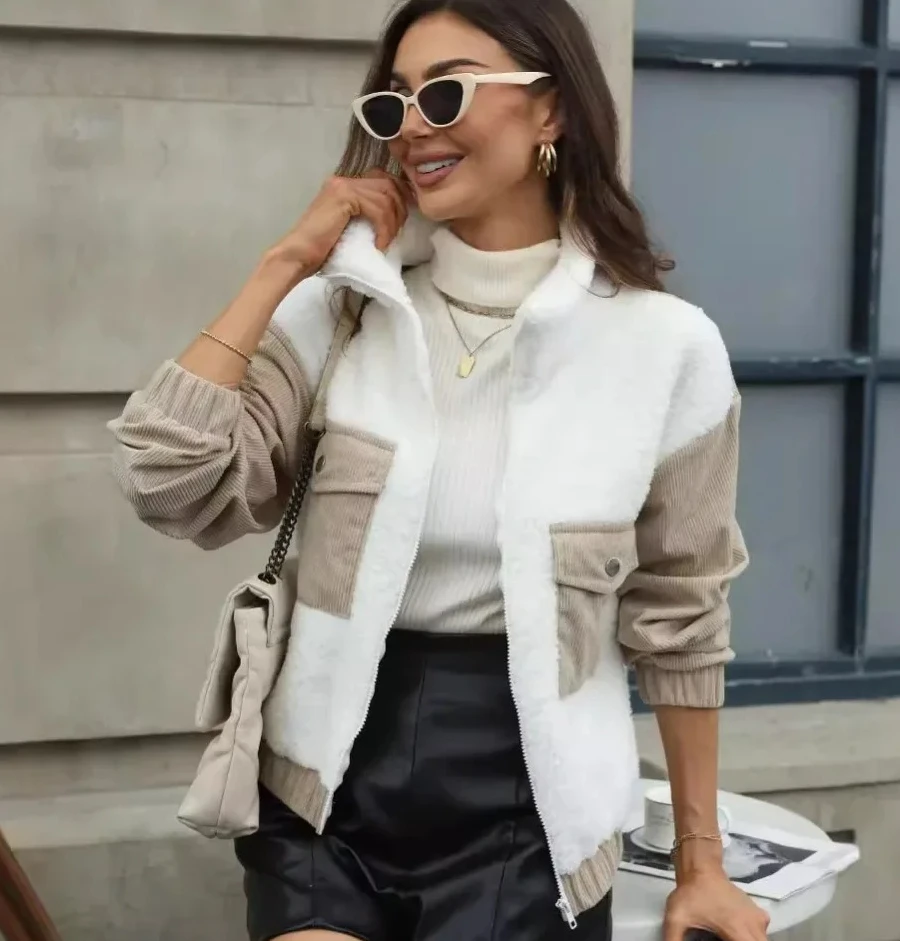 

Women's Plush Open Front Cardigan Patchwork Velvet Coat Long Sleeve Loose Fit Thickened Warm Winter