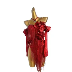 Latin Dance Stage Performance Big Red Flower Hanging Ornaments High-end Custom Design International Dance Competition Clothing