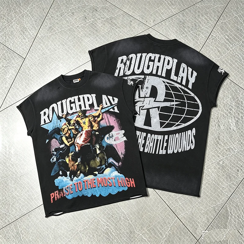 2026 New Rough Play Men Tee Washed Distressed Oil Painting Figure Rhinestone Tank Top Fast Delivery