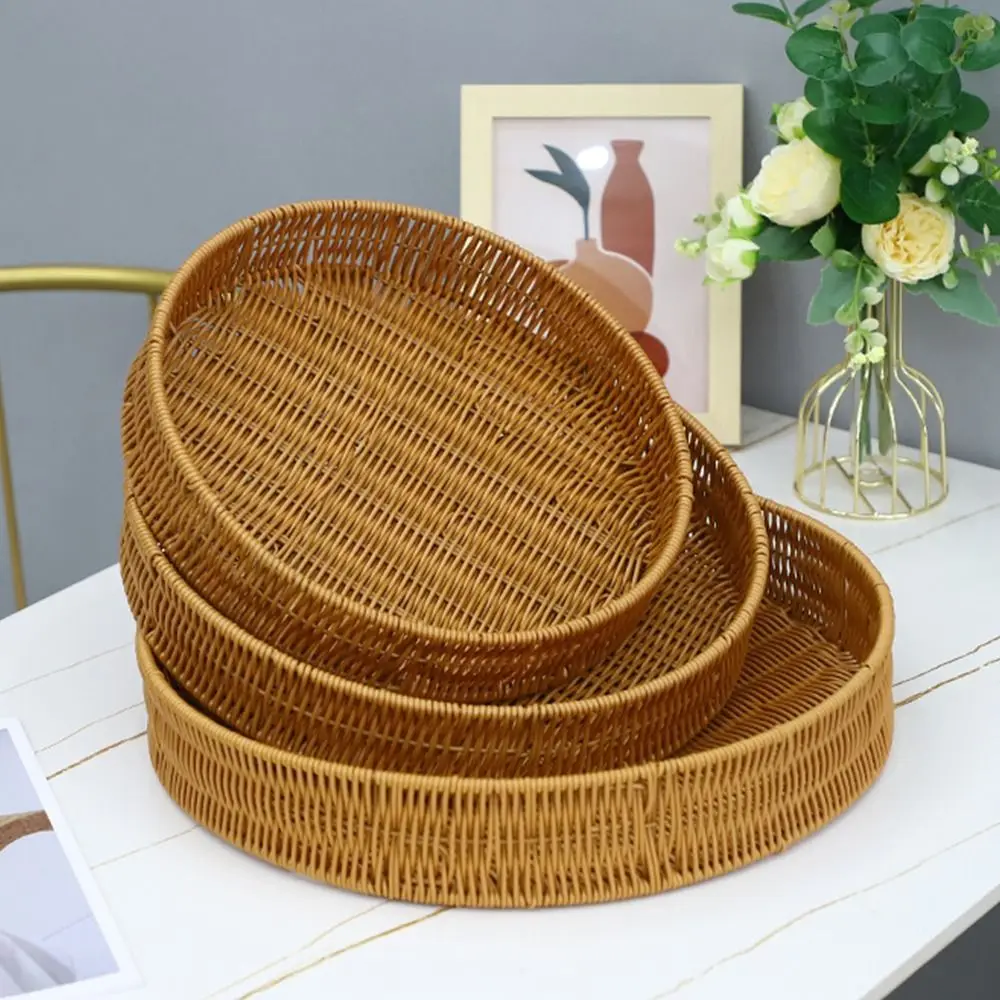 1Pcs Breakfast Bread Food Handwoven Rattan Basket Round Rectangular Shape Imitation Wicker Rattan Storage Tray Food Plate