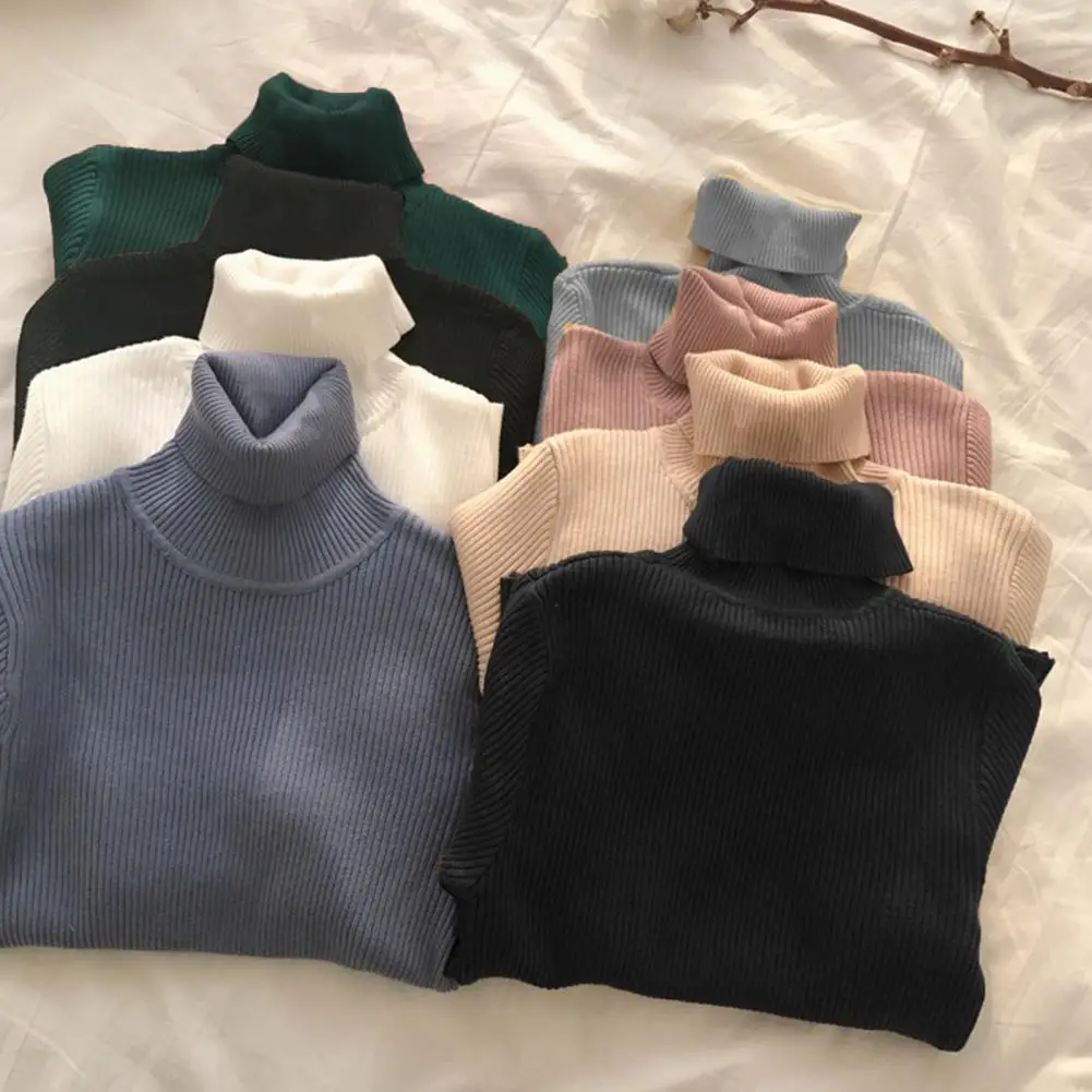 2024 Autumn Winter Thick Sweater Women Knitted Ribbed Pullover Sweater Long Sleeve Turtleneck Slim Jumper Soft Warm Pull Female