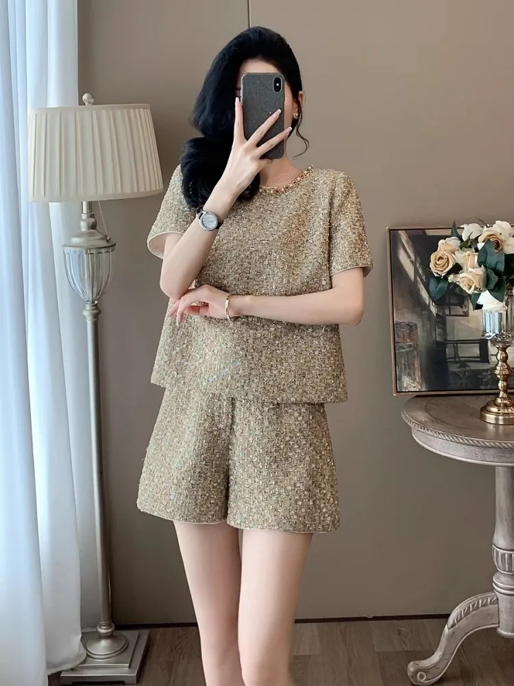 Moda feminina elegante manga curta tweed camiseta shorts de cintura alta conjunto de duas peças novo verão casual escritório senhora conjuntos de correspondência