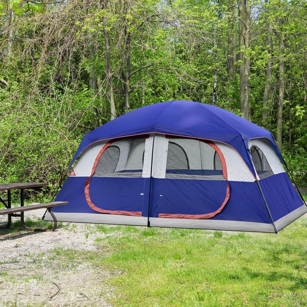 

camping tent 10 person family cabin tent, 2 room water resistant waterproof tent with top rainfly, 4 large mesh windows
