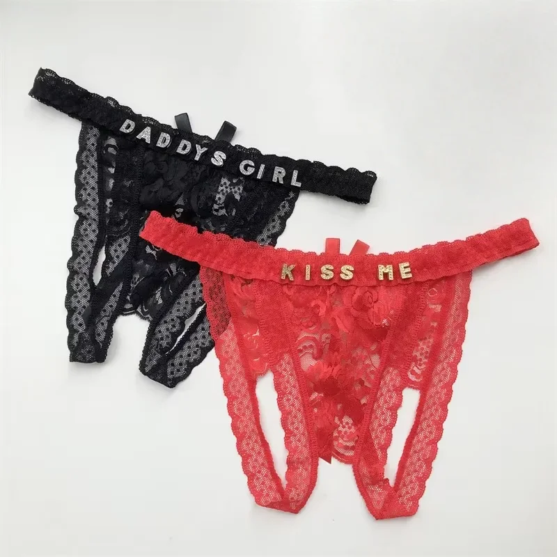 Customized Crystal Name Letters Women's Sexy Breathable Lace Underwear Low Waisted Opening Thong Bikini Erotic G-String Panties