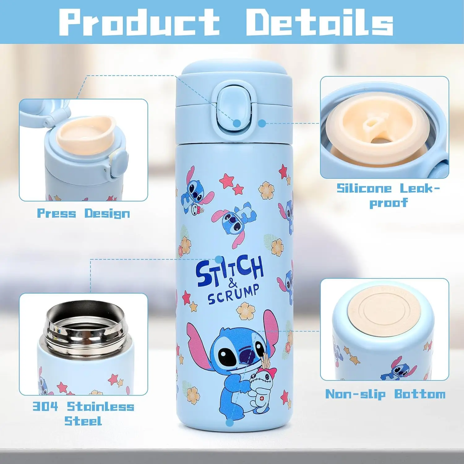 420ml Thermos Cup Cute Disney Lilo and Stitch Kawaii Stitch Stainless Steel Water Cup Stickers Party Decorations Kids Toys Gifts