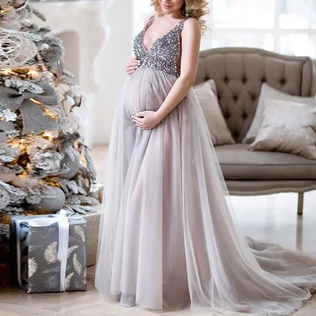 Maternity Photography Dresses Sexy Women Pregnant Sling V Neck Sequin Cocktail Maxi Prom Gown Pregnancy Dress Art Photo Dress