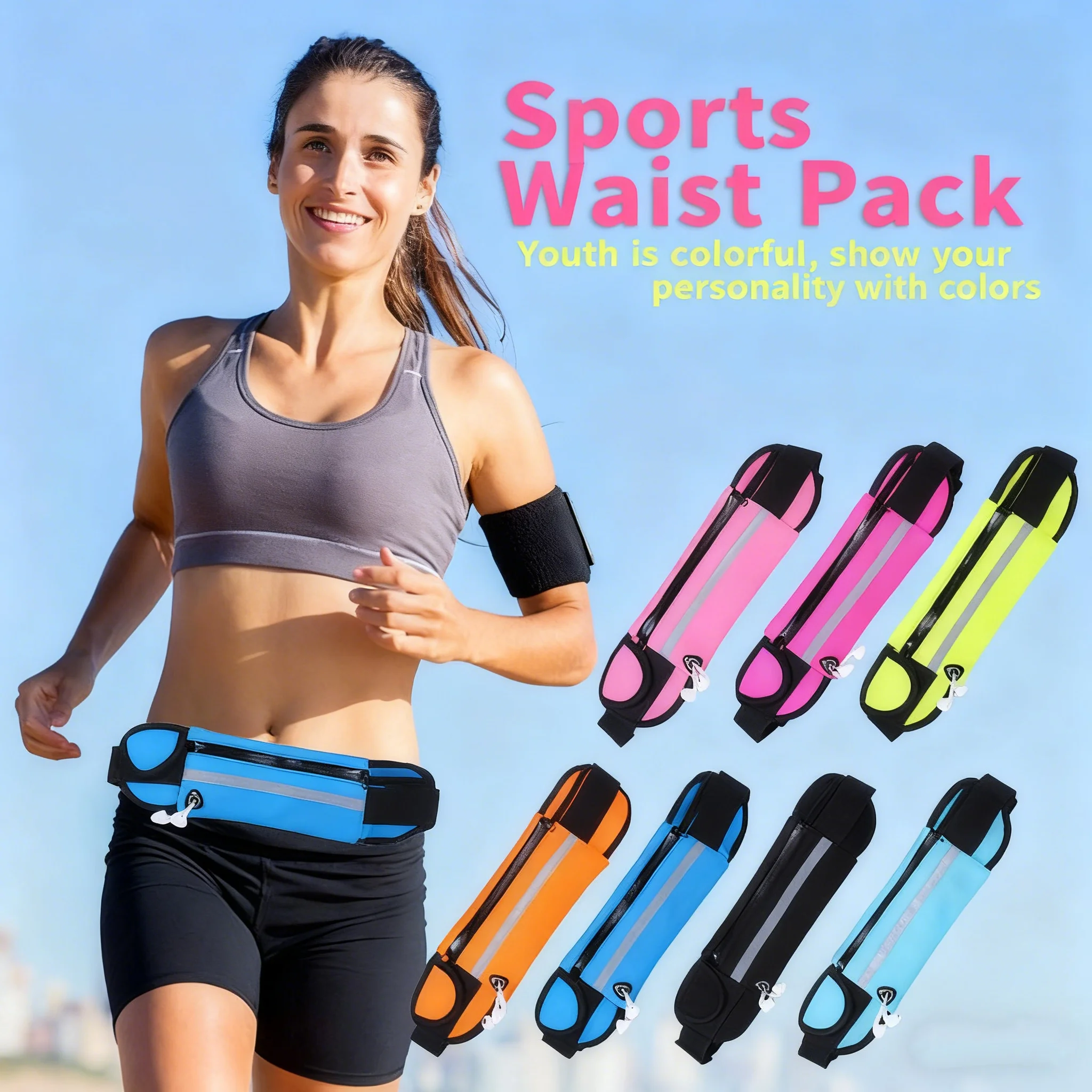 حقيبة خصر رياضية خارجية بلون سادة مع سعة كبيرة، حقيبة خصر للمشي لمسافات طويلة والجري، حقيبة خصر محمولة مقاومة للعرق