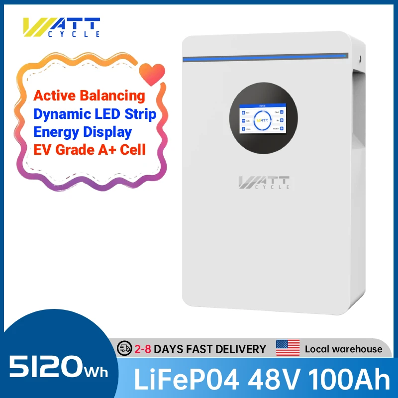 

Wattcycle 48V 100Ah Wall-Mount LiFePO4 Battery 5.12kWh Active Balancing with LED Strip Energy Display For Inverter, Solar Energy