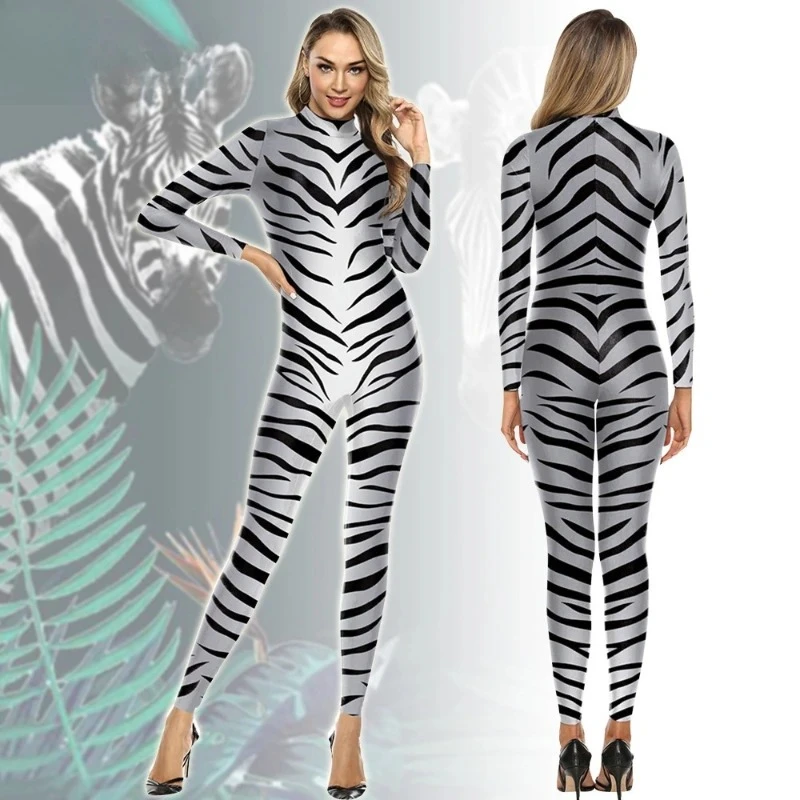 

2025 Zebra Print Halloween Bodysuit - Animal Themed Performance Wear, Trendy Costume for Stage Shows & Halloween Parties