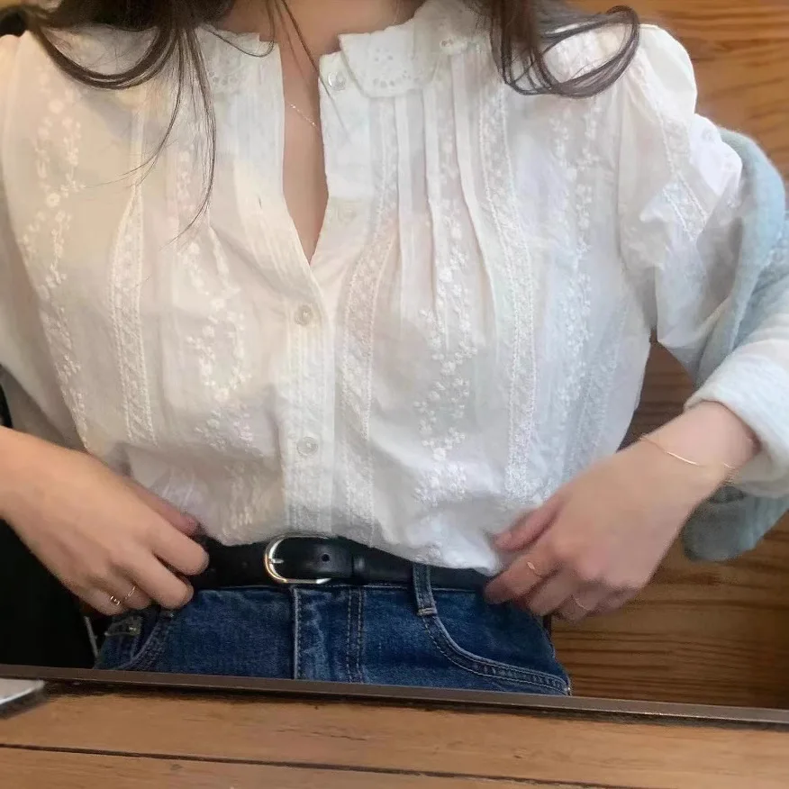 Women's White Eyelet Embroidered Blouse with Lace Ruffled Collar, Vintage Long Sleeve Button-Down Shirt ﻿ view 4