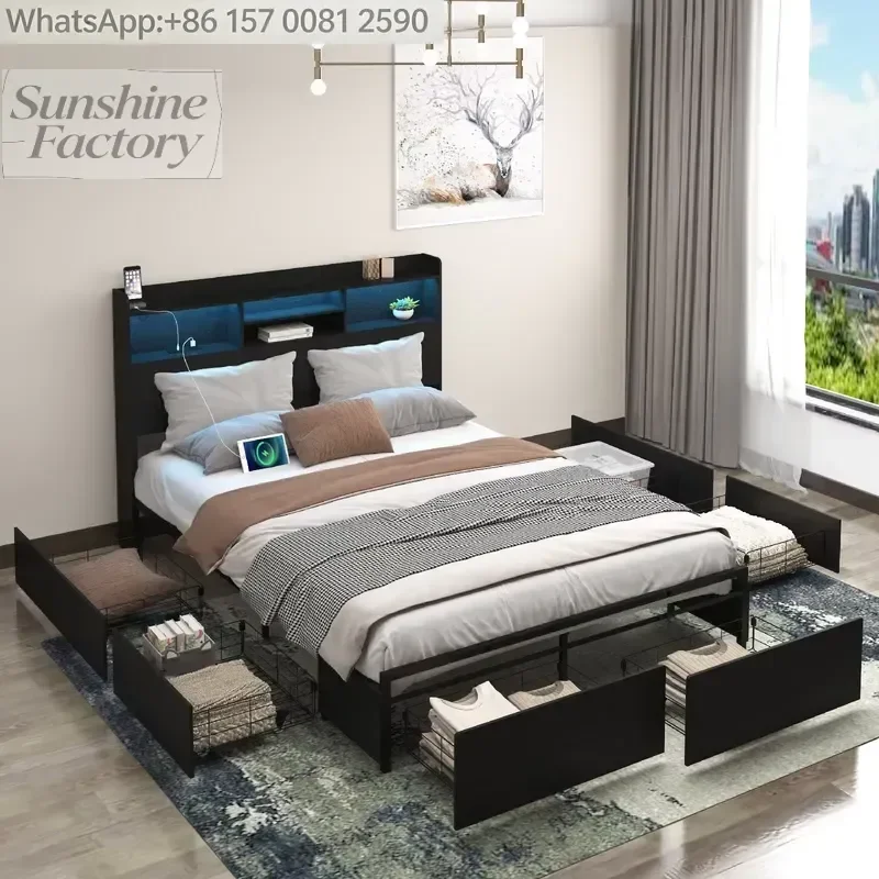 Modern Metal Queen Bed Frame with 6 Storage Drawers Headboard LED Storage Shelf Charging Station No Noise Black