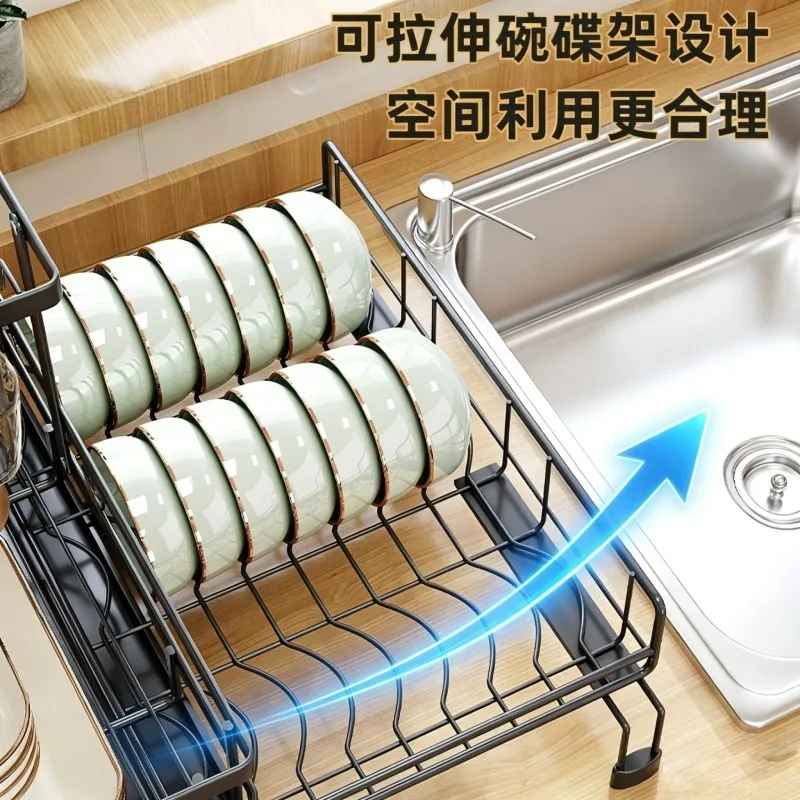 Retractable foldable dish drainage rack by the sink side rack for bowls, plates, and tableware