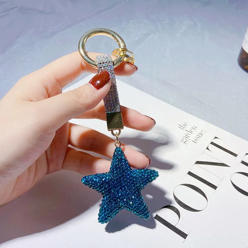 Creative full diamond five pointed star keychain with double-sided clay inlaid diamond bag pendant, couple keychain