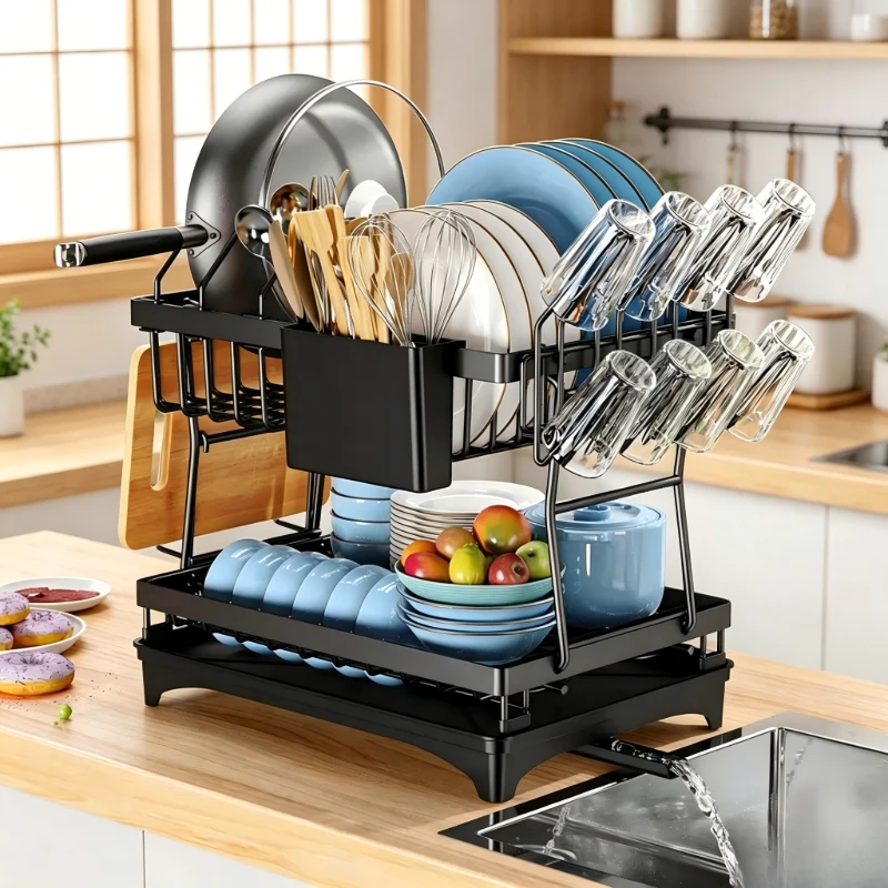 

Многофункциональная черная двухуровневая сушилка для посуды: комплексный органайзер для хранения на кухне, для тарелок, мисок, столовых приборов
