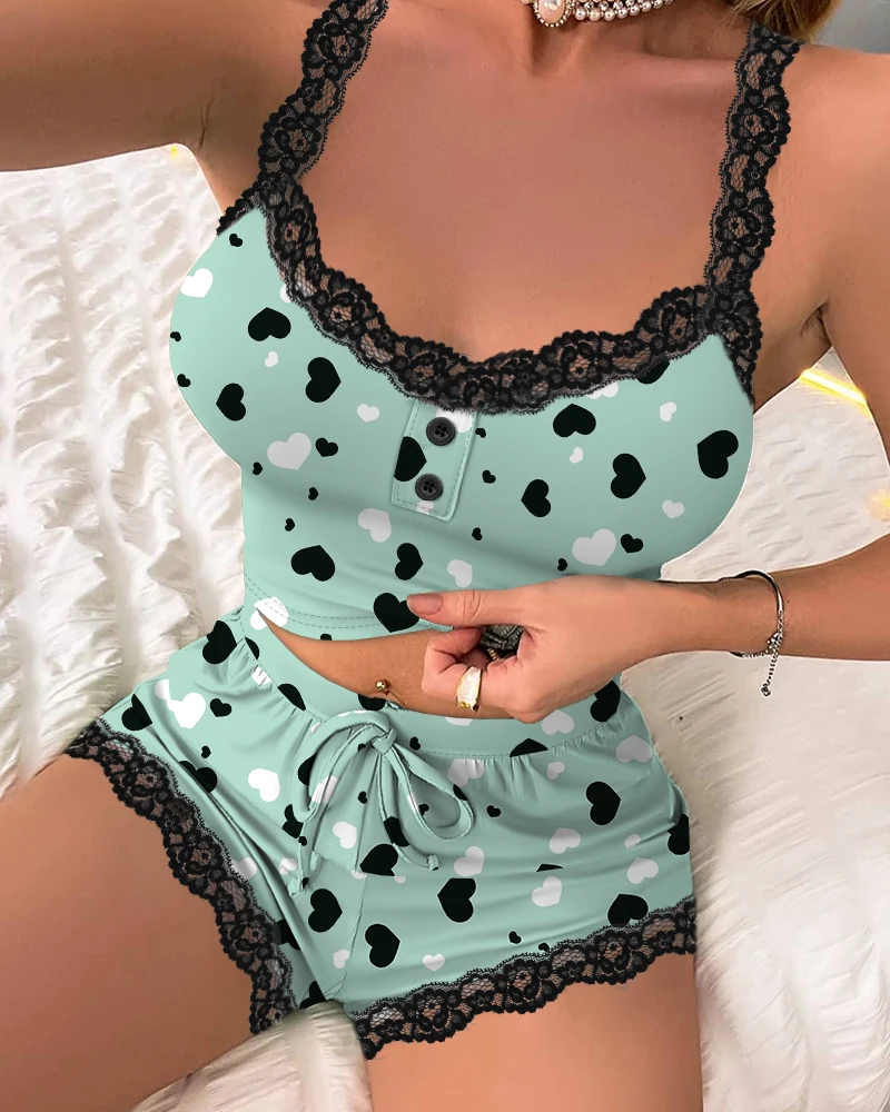 Women's 2024 Summer Fashion New Lace Splicing Love Printed Top and Pants Set with Sling Sleeveless Casual Home Two Piece Set