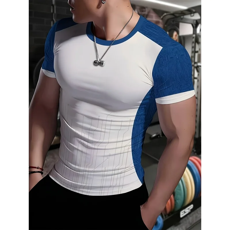 Men's high-elasticity quick-drying blue and white color-blocked athletic t-shirt designed to accentuate muscle definition