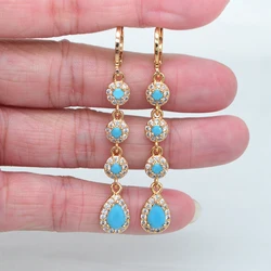 Gold Color Women Fashion Lake Blue CZ Long Teardrop Dangle Earrings Jewelry