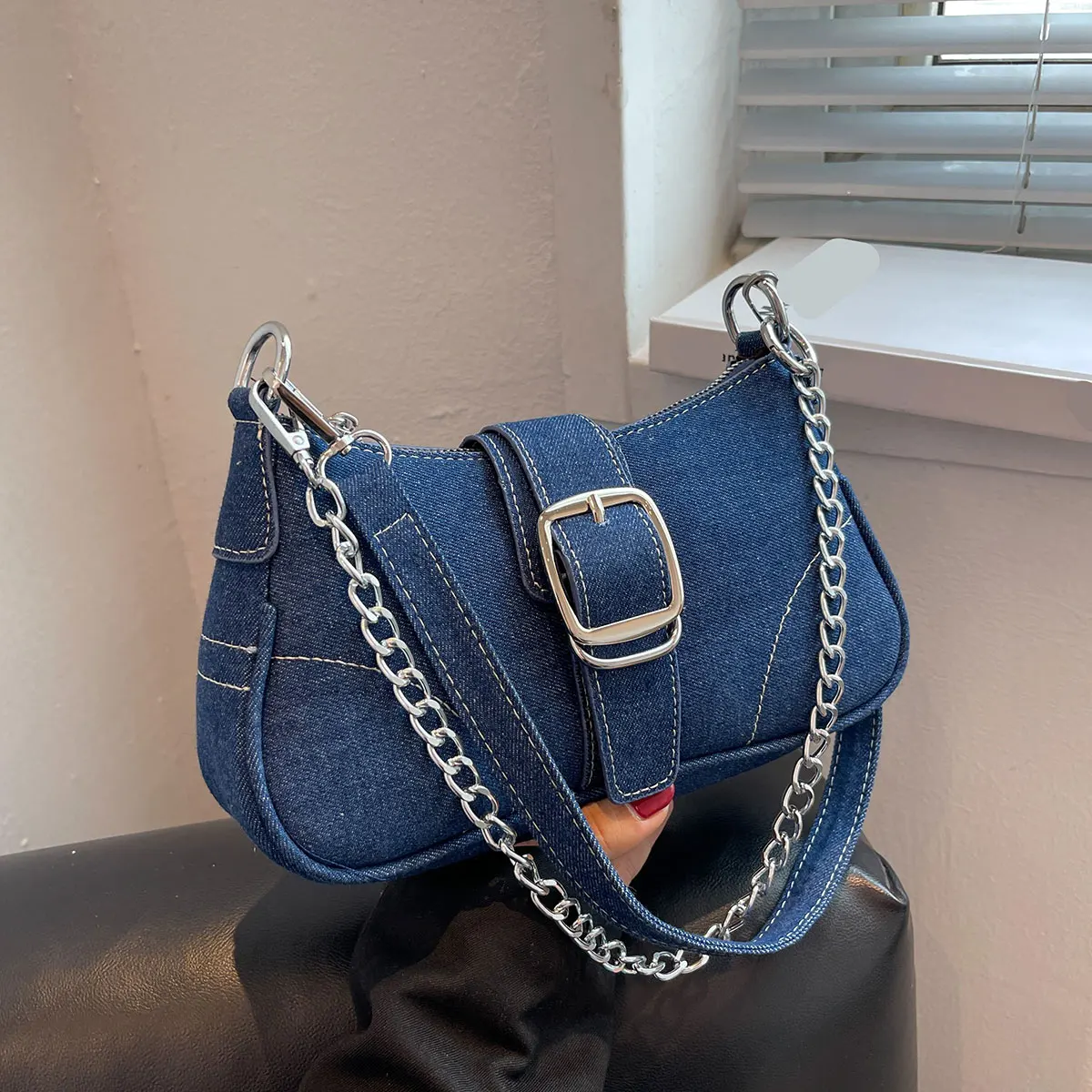 Denim chain underarm bag for women's solid color French stick bag diagonal shoulder bag