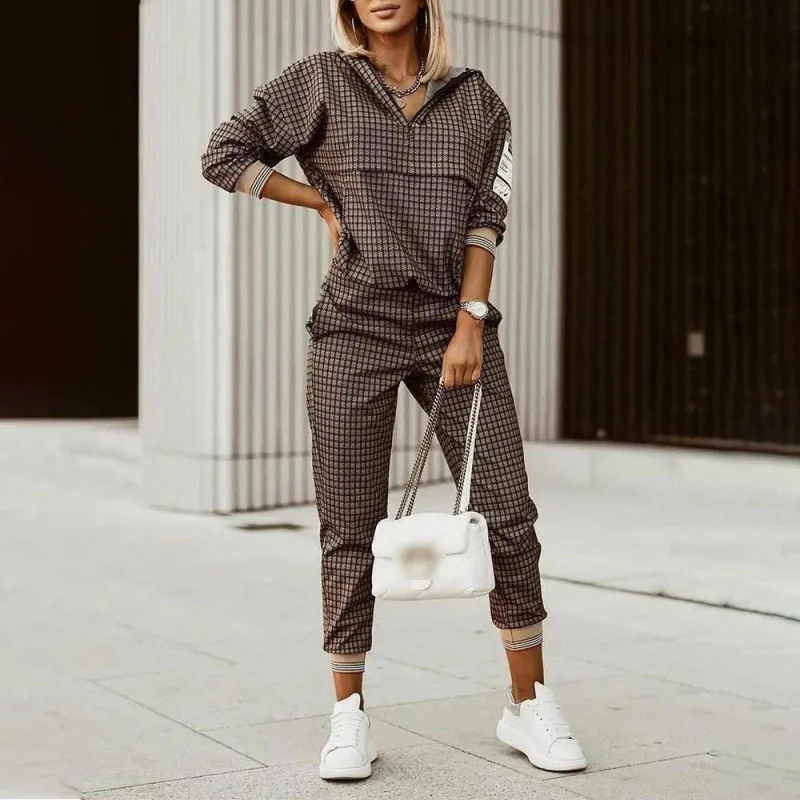 Women's Plaid 2 Piece Tracksuit Long Sleeve Half-Zip Top & High Waist Jogger Pants Set Casual Streetwear Fashion Comfortable