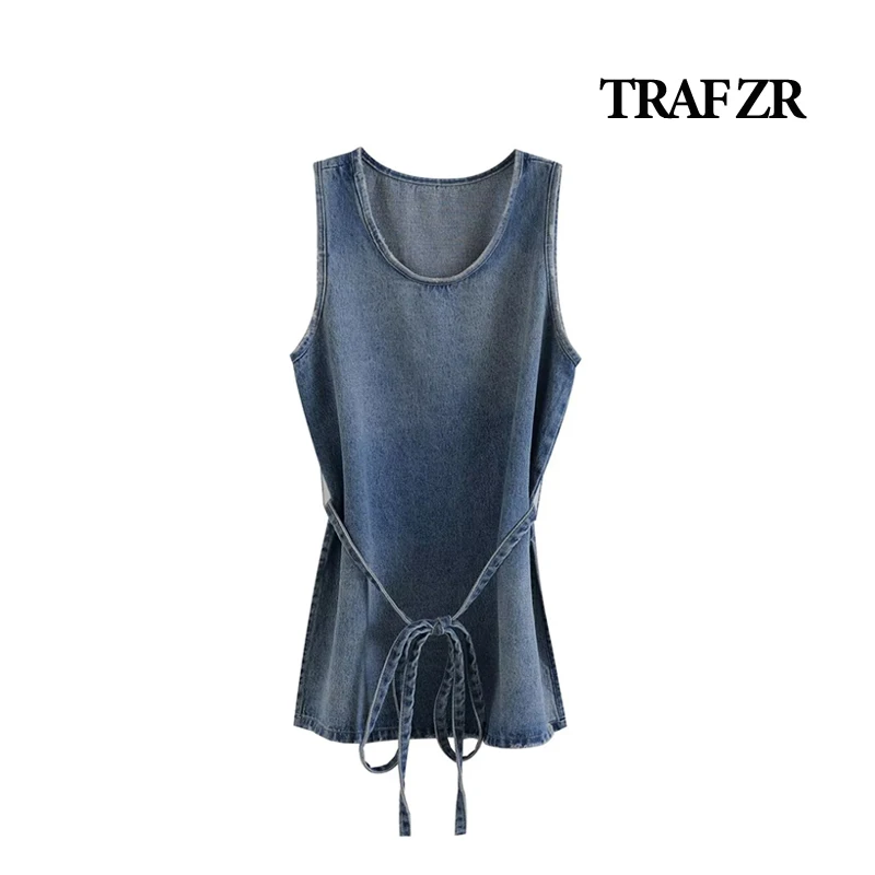 

TRAF ZR Tank Top Women X-long Off Shoulder Women Tops Side Splits Self Thin Belt Denim Tanks & Camis Hem Frayed Denim Y2k Top