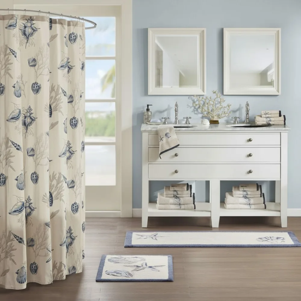 

Ultra Soft 100% Cotton Non-Slip Bath Mat, Seashell Beach Style, Absorbent & Tufted for Bathroom Decor, 24x60 Inches Blue