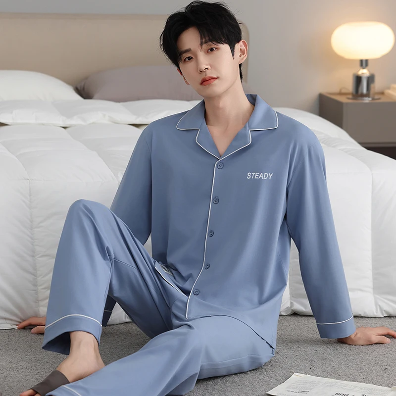 L-5XL Soft Modal Pijama For Men 2Piece Lounge Sleepwear Pyjamas Grey Autumn Bedgown Home Clothes Man PJs Button Cardigan Pajamas