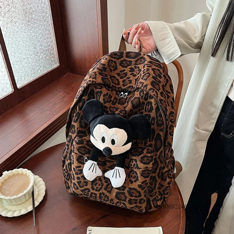 Mickey Doll Large Capacity Leopard Print Backpack Cute Design New Fashion Student Shoulders Bag Korean Version Casual Trend Bag