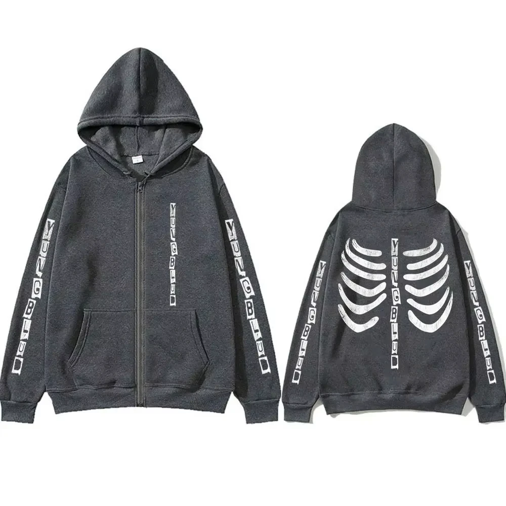 المغني Yungblud الهيكل العظمي الجرافيك قلنسوة بسحاب الرجال النساء موضة روك المتضخم زمم سترة الذكور عادية القطن الخريف الشتاء