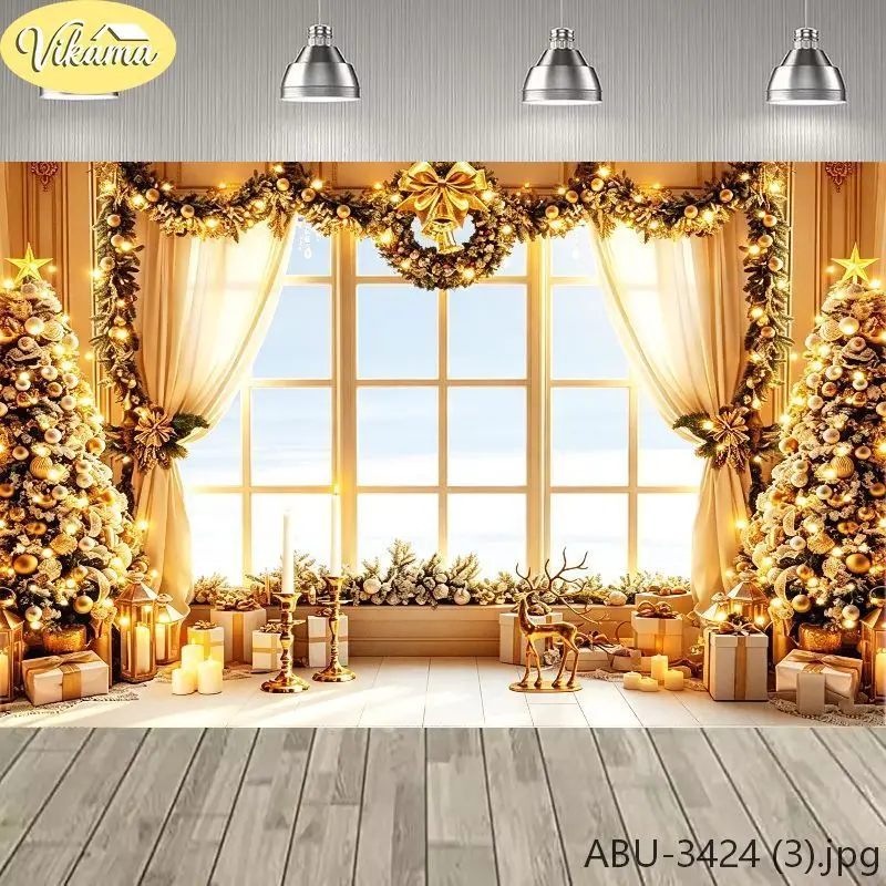 VIKAMA Photography Background Christmas Window Wreath Family Scene Photo Backdrop Family Party Birthday Festival Home Decor
