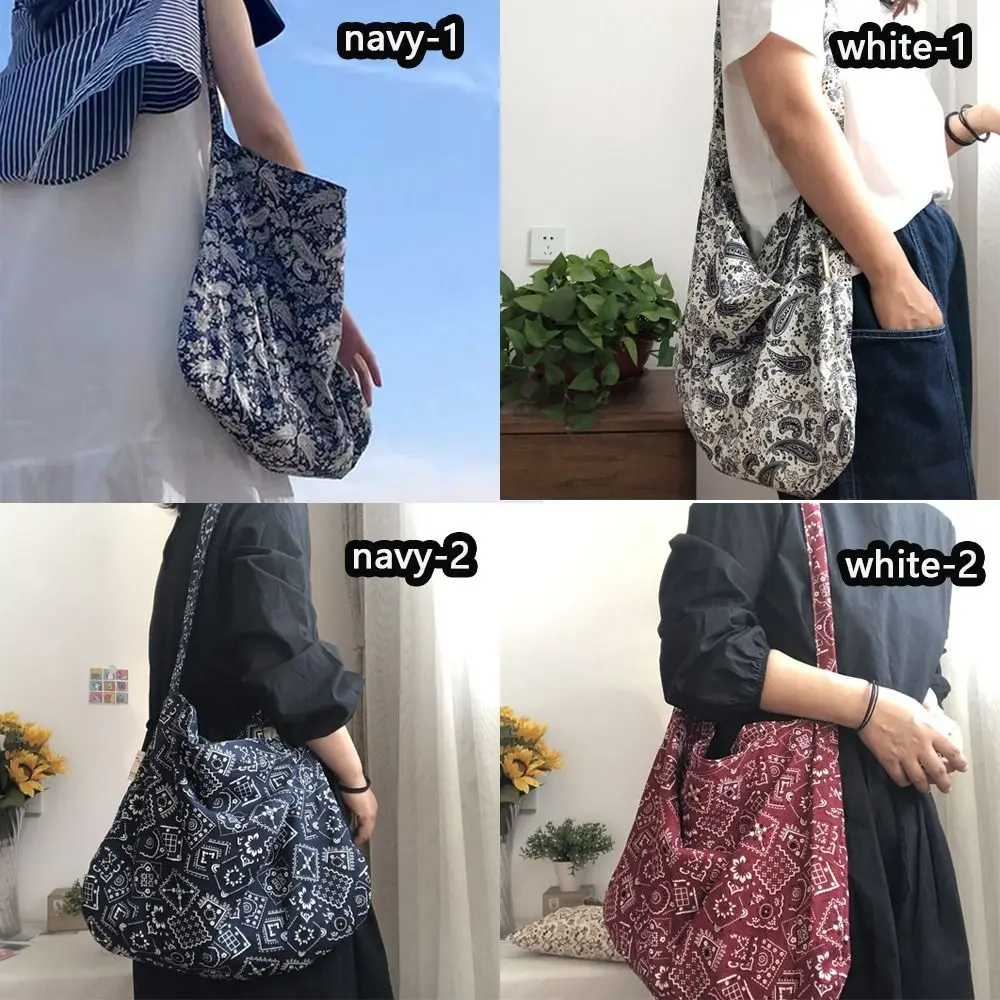 Portable Cotton Shopping Bag Bandanna Print Open Pocket Handbags Reusable High-capacity Books Bag Travel