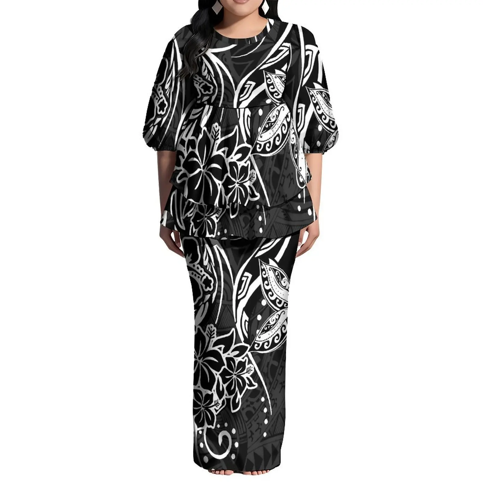 Fashionable Puletasi Suit Dress With Puffed Sleeves Round Neck And Double Hem Polynesian Custom Women'S Dress