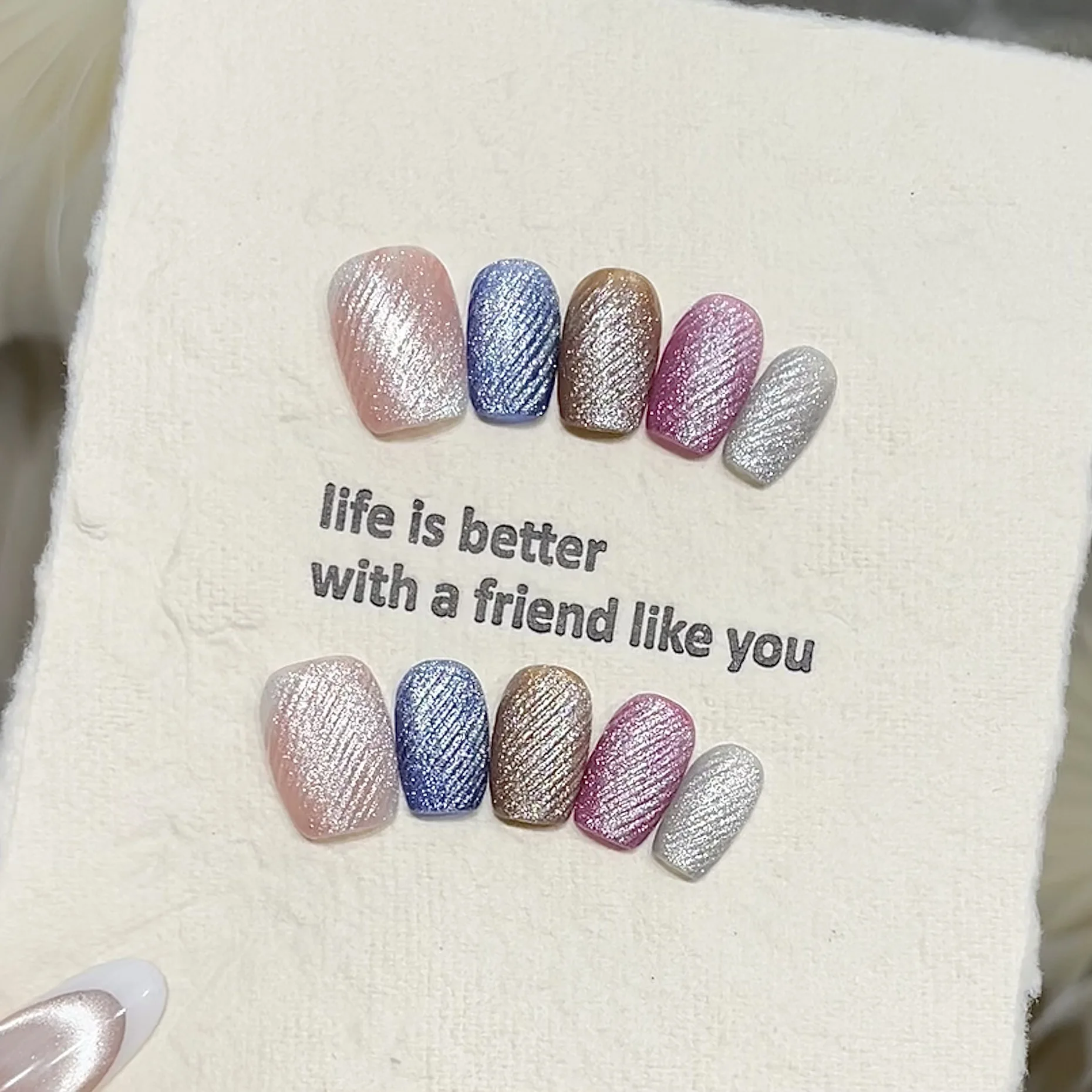 

10pcs Crystal Luster Handmade Nails Velvet Herringbone Cat-Eye Press on Nail Short Square Fake Nail for Women&Girl False Nail