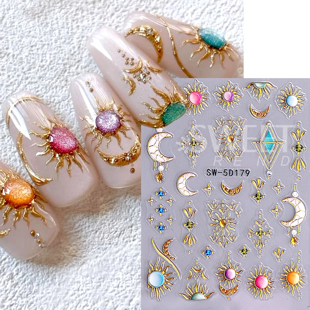 1/3pcs 5D Glitter Love Heart Nail Stickers Adhesive Bohemian Sun Moon Star Nail Slider Decals Valentine's Day Manicure DIY Decor